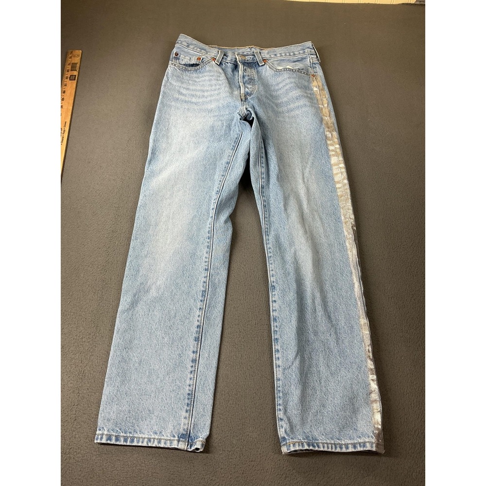 Levis 501 Jeans Womens 29 Blue Straight High Rise Glitter Side Stripe 30 Inseam